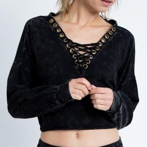 NWOT acid wash lace up cropped sweater